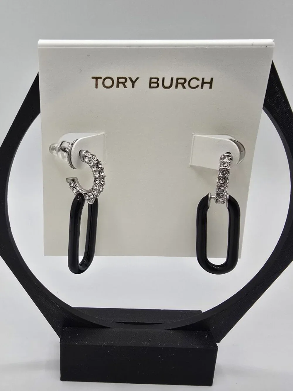 Tory Burch Roxanne Black Chain Shaped Link Stud Earrings w/Pave Crystal Hoops